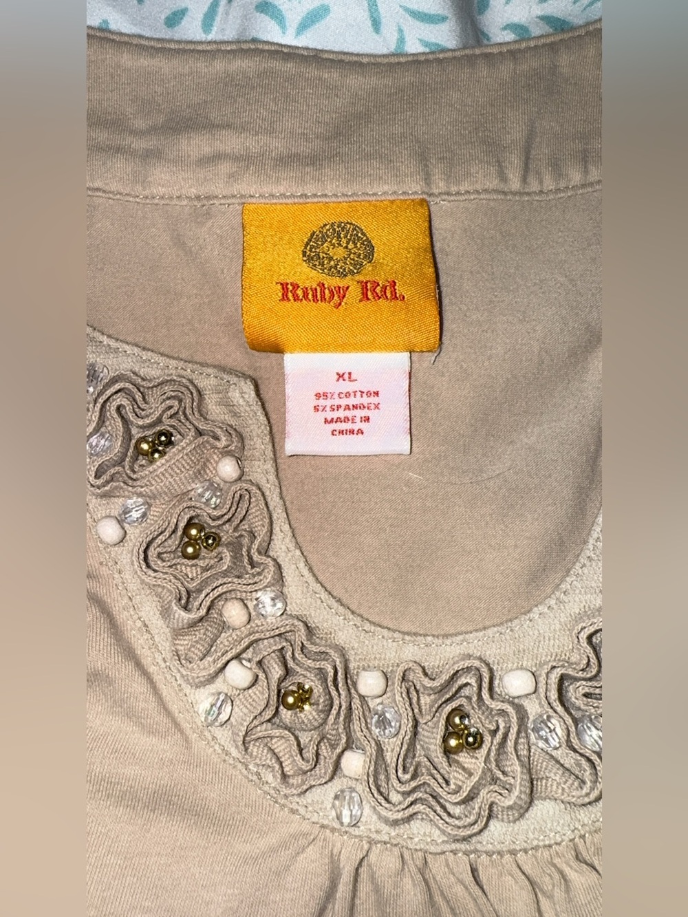 Ruby Rd. Embellished Split Neck Short Sleeve Knit Top 1X Beige Cotton Stretch - Picture 7 of 8